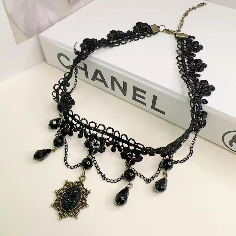 Dark Retro Halloween Choker Necklace with Black Pendant, Lace Trim, and Tassels for Women - Gothic, Vintage-Inspired Accessory Dark Retro Halloween Choker Necklace with Black Pendant, Lace Trim, and Tassels for Women - Gothic, Vintage-Inspired Accessory