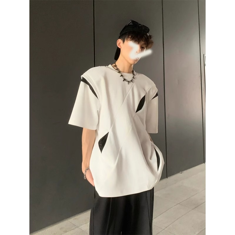 Deconstructed American Style Split Shoulder Short Sleeve T-Shirt for Men - Trendy Summer Heavy Design Round Neck Tee