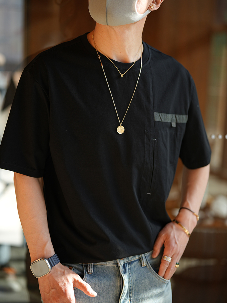 Deconstructed Color-Block Short Sleeve T-Shirt for Men - Trendy Summer National Style with Hidden Pocket Deconstructed Color-Block Short Sleeve T-Shirt for Men - Trendy Summer National Style with Hidden Pocket