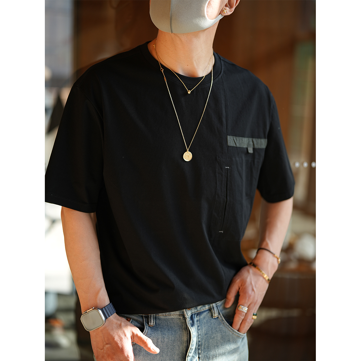 Deconstructed Color-Block Short Sleeve T-Shirt for Men - Trendy Summer National Style with Hidden Pocket Deconstructed Color-Block Short Sleeve T-Shirt for Men - Trendy Summer National Style with Hidden Pocket