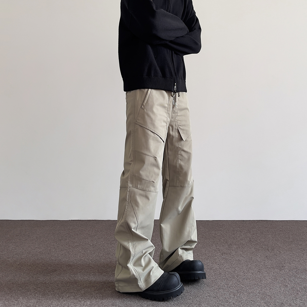 Deconstructed Loose-Fit Casual Pants for Men - High Street American Style, Straight Leg, Micro-Flare, Drawstring Trousers