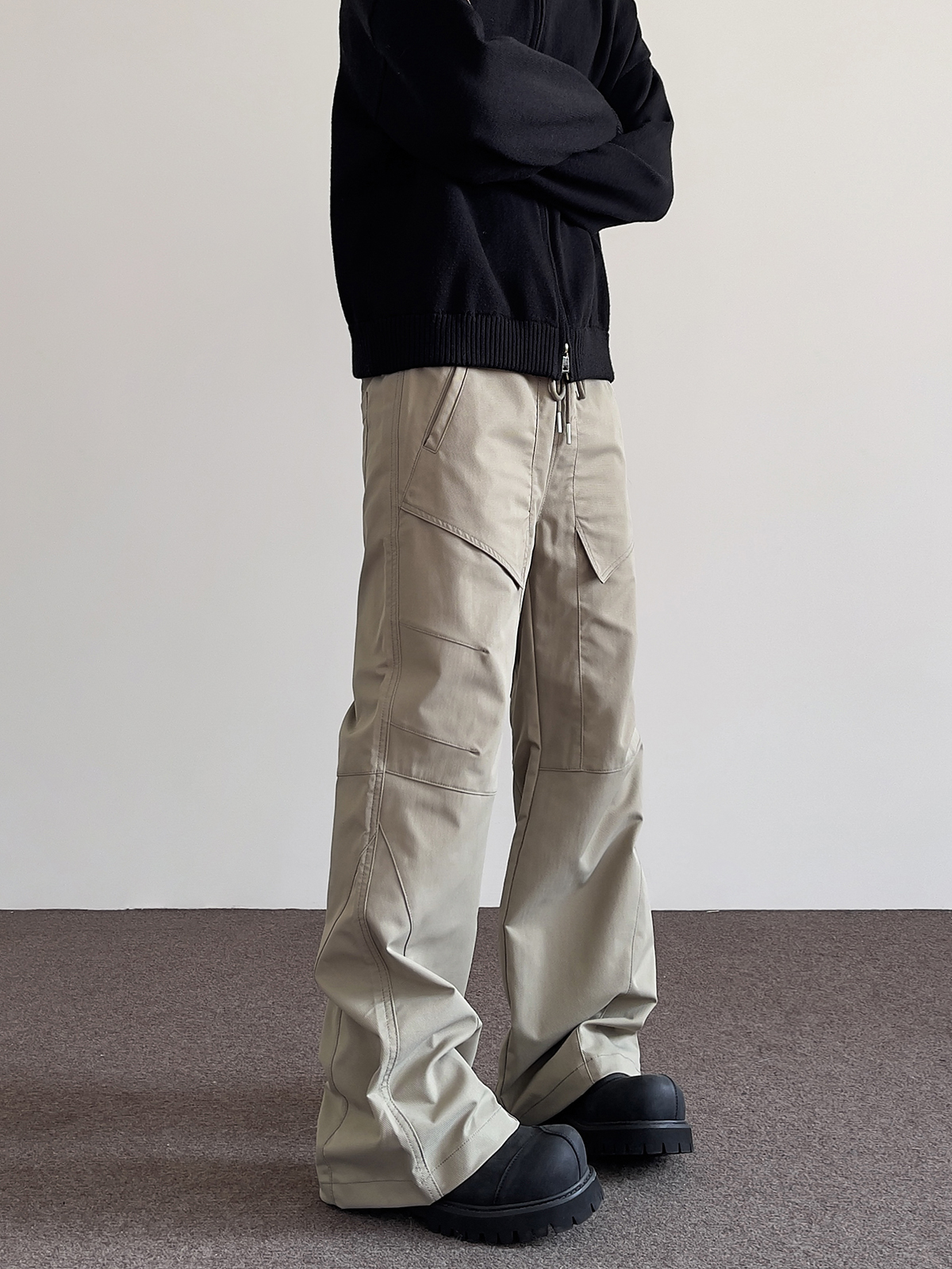 Deconstructed Loose-Fit Casual Pants for Men - High Street American Style, Straight Leg, Micro-Flare, Drawstring Trousers