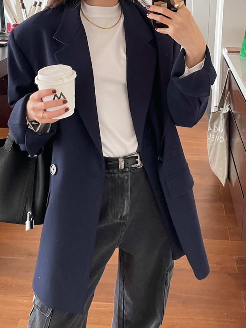 Deep Blue Slim Fit Suit Jacket for Women, Casual Long Sleeve Blazer, 2025 Autumn Fashion, Stylish Designer Look Deep Blue Slim Fit Suit Jacket for Women, Casual Long Sleeve Blazer, 2025 Autumn Fashion, Stylish Designer Look