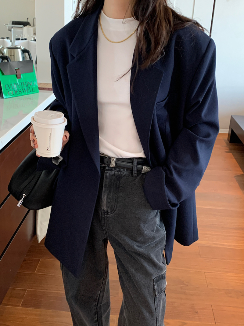 Deep Blue Slim Fit Suit Jacket for Women, Casual Long Sleeve Blazer, 2025 Autumn Fashion, Stylish Designer Look Deep Blue Slim Fit Suit Jacket for Women, Casual Long Sleeve Blazer, 2025 Autumn Fashion, Stylish Designer Look