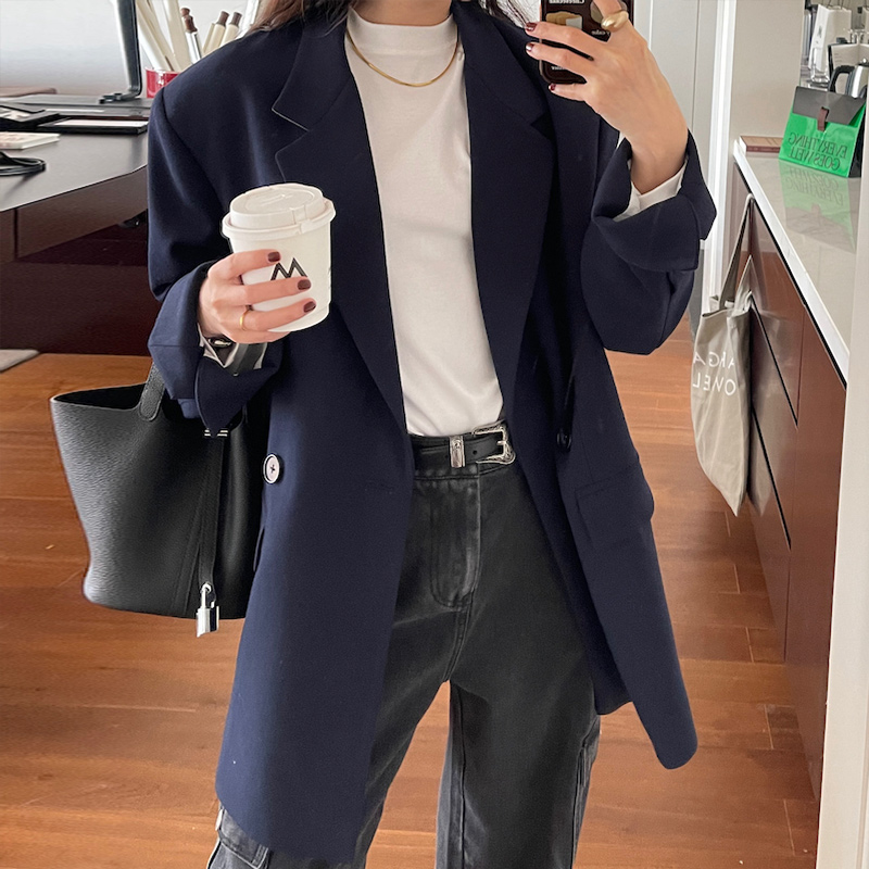 Deep Blue Slim Fit Suit Jacket for Women, Casual Long Sleeve Blazer, 2025 Autumn Fashion, Stylish Designer Look