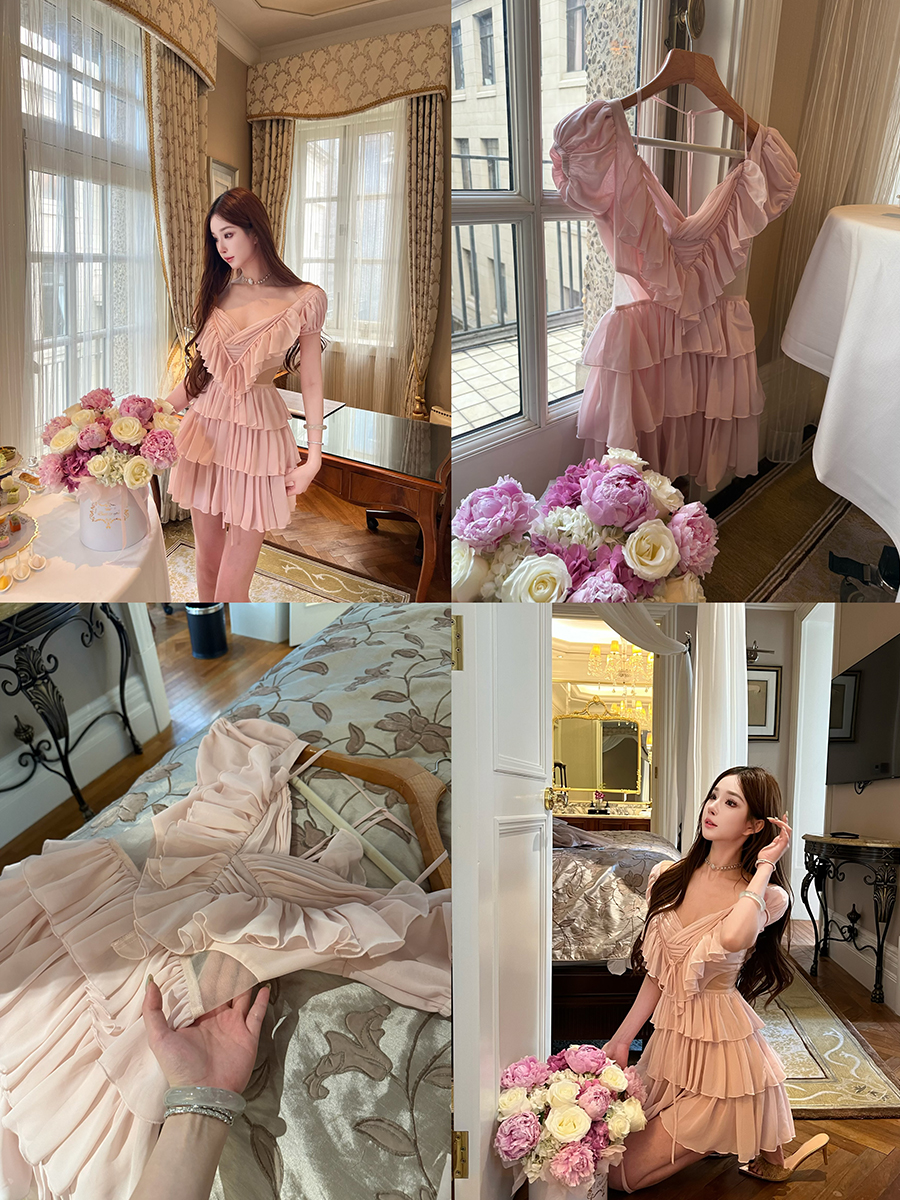 Deep V Dress for Women - Summer Cake Dress in Lychee Rose, Socialite Style, Waist-Exposing, High-End Feel, Perfect for 90s Inspired Looks Deep V Dress for Women - Summer Cake Dress in Lychee Rose, Socialite Style, Waist-Exposing, High-End Feel, Perfect for 90s Inspired Looks