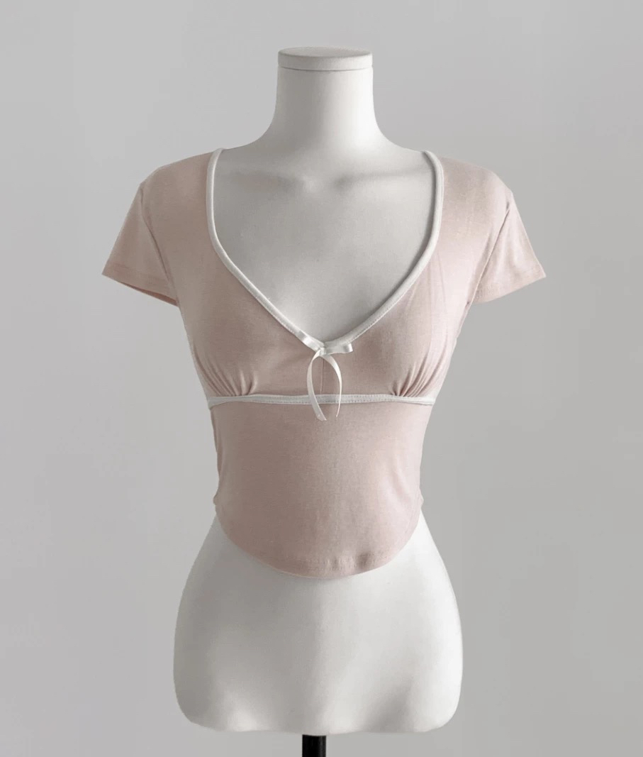 Deep V Lace Strap Short-Sleeved T-Shirt - Korean Style Summer Cloudemotion25 Sweet Design