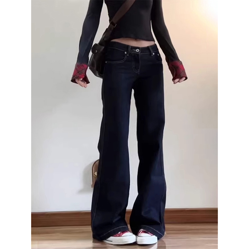 Denim Blue Micro-Flare Low-Waist Women's Jeans, Slim Fit Wide-Leg Summer Style, Flattering Casual Pants