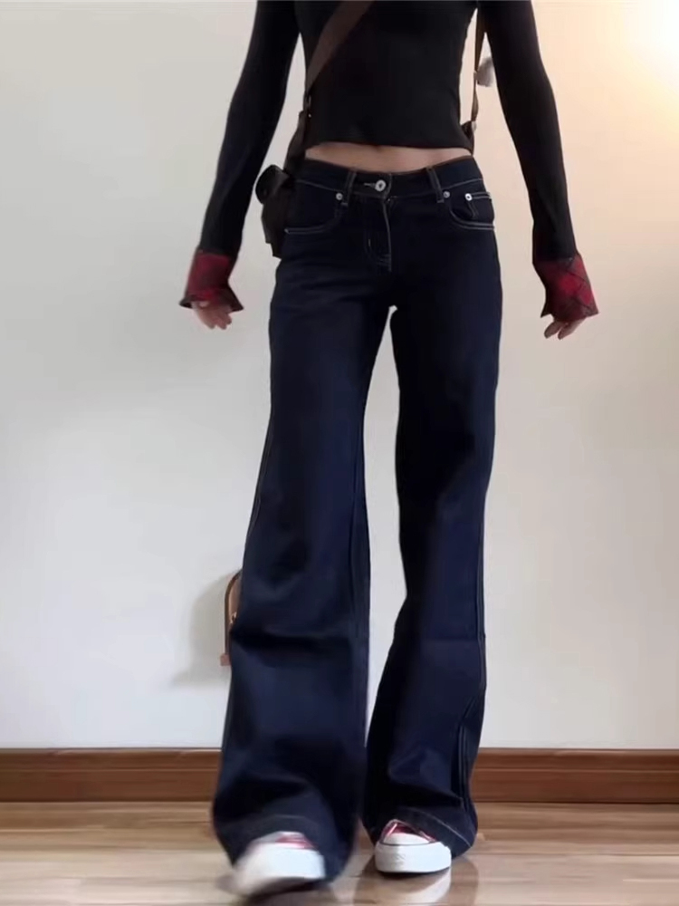 Denim Blue Micro-Flare Low-Waist Women's Jeans, Slim Fit Wide-Leg Summer Style, Flattering Casual Pants Denim Blue Micro-Flare Low-Waist Women's Jeans, Slim Fit Wide-Leg Summer Style, Flattering Casual Pants