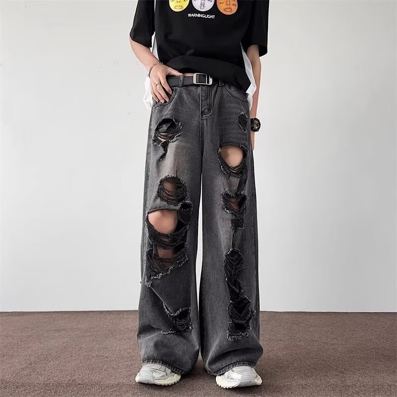 Distressed Baggy Men's Summer Streetwear Jeans, Loose Wide-Leg American High Street Straight-Leg Trousers for Casual Style