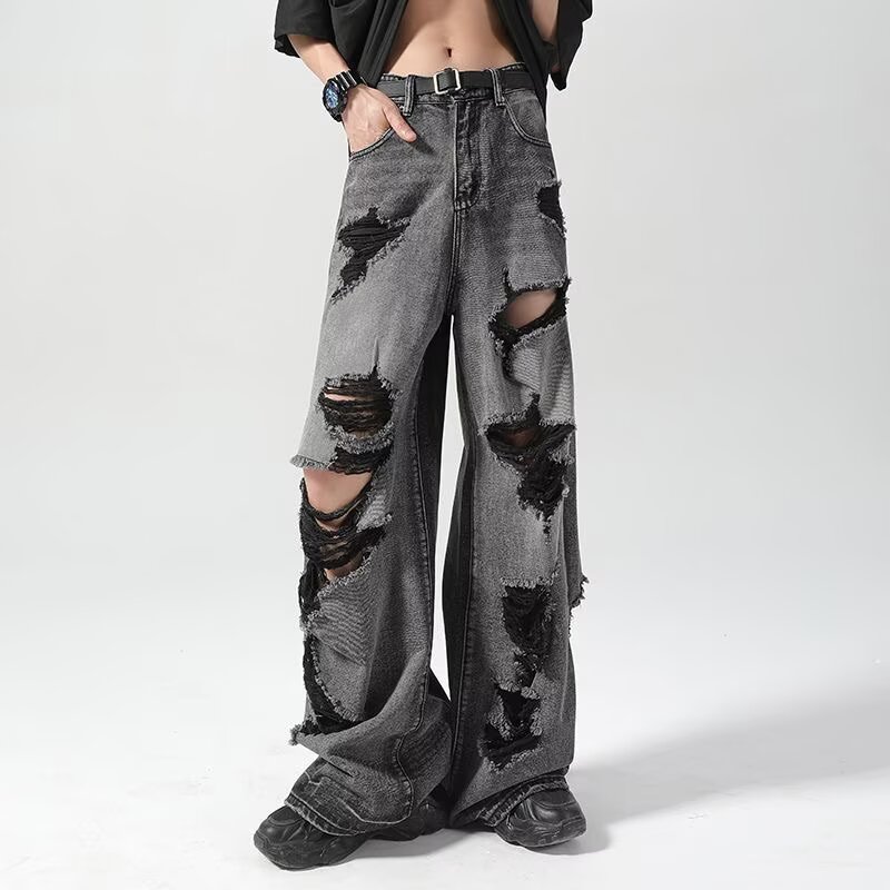 Distressed Baggy Men's Summer Streetwear Jeans, Loose Wide-Leg American High Street Straight-Leg Trousers for Casual Style