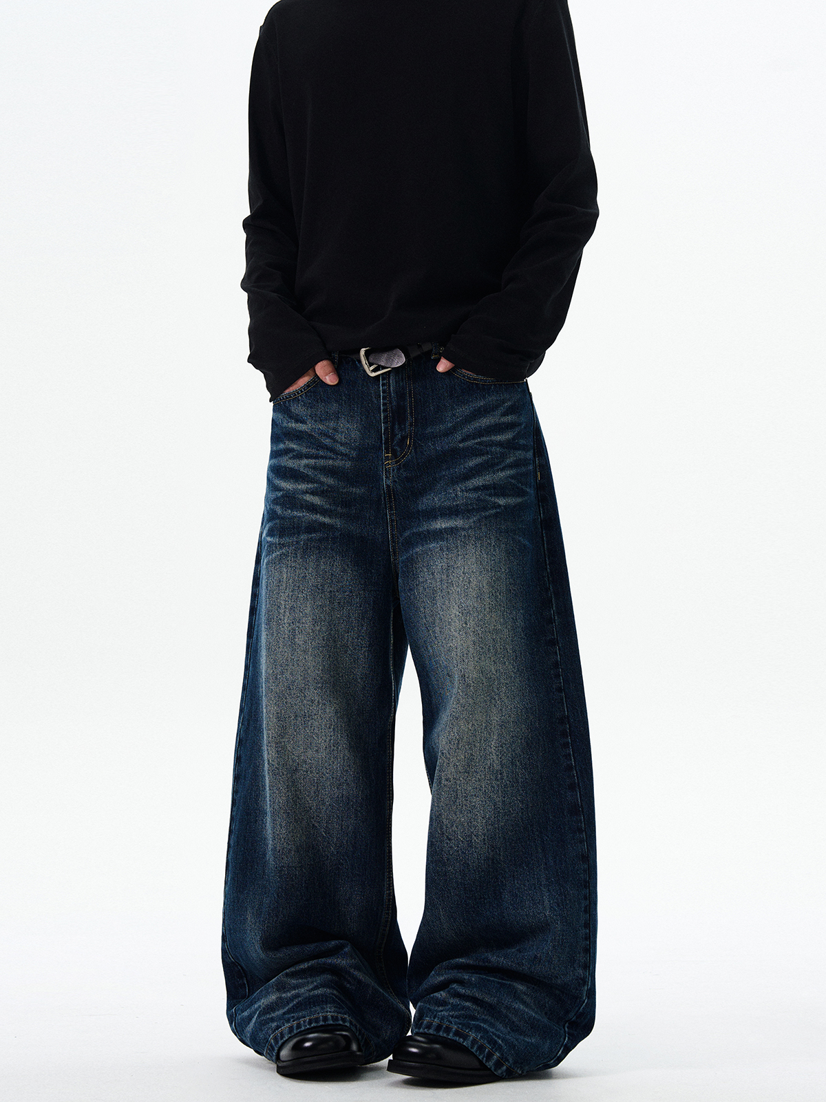 Distressed Deep Blue Straight Leg Flared Jeans for Men - Vintage Cat Whiskers Design, Trendy American Style Trousers Distressed Deep Blue Straight Leg Flared Jeans for Men - Vintage Cat Whiskers Design, Trendy American Style Trousers