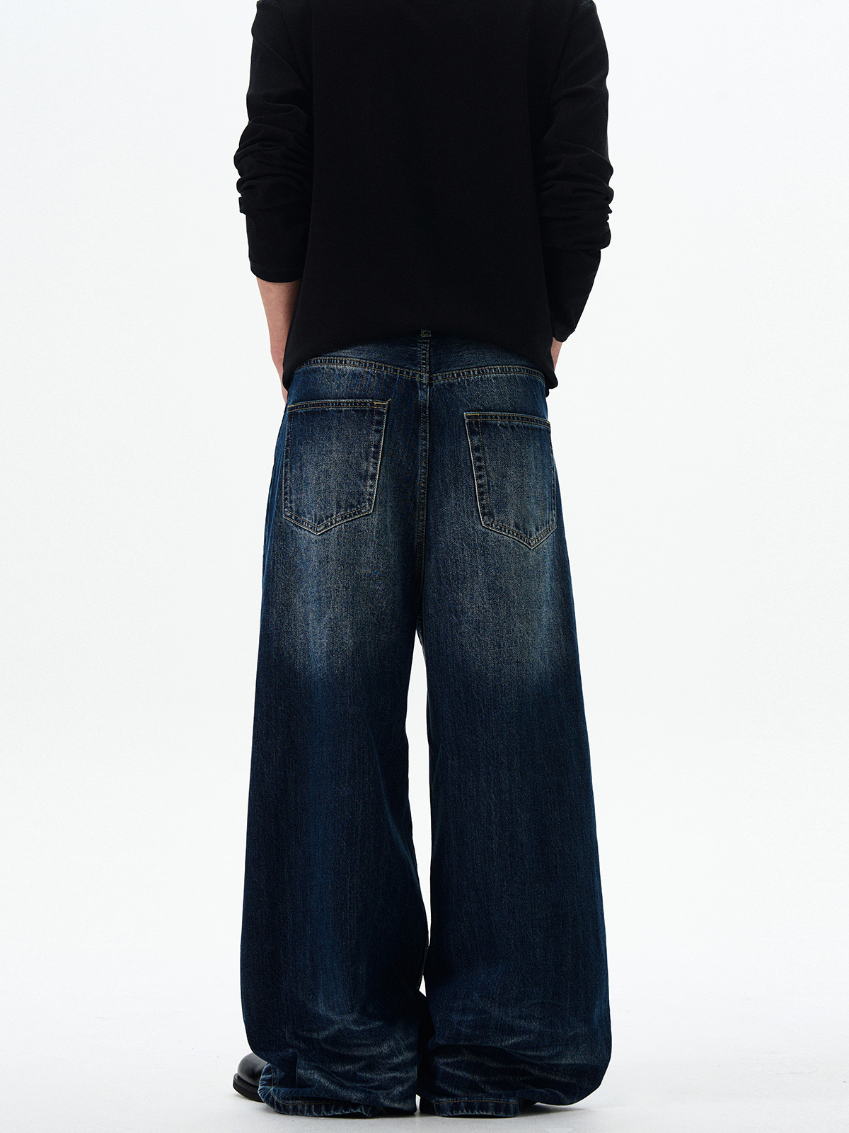 Distressed Deep Blue Straight Leg Flared Jeans for Men - Vintage Cat Whiskers Design, Trendy American Style Trousers Distressed Deep Blue Straight Leg Flared Jeans for Men - Vintage Cat Whiskers Design, Trendy American Style Trousers