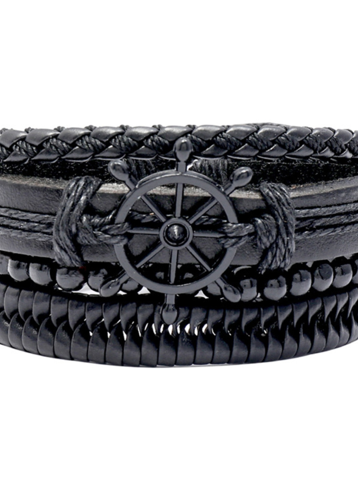 DIY Handmade Woven Black Leather Bracelet Set - Vintage Four-Piece Steering Wheel Accessories for European and American Style DIY Handmade Woven Black Leather Bracelet Set - Vintage Four-Piece Steering Wheel Accessories for European and American Style