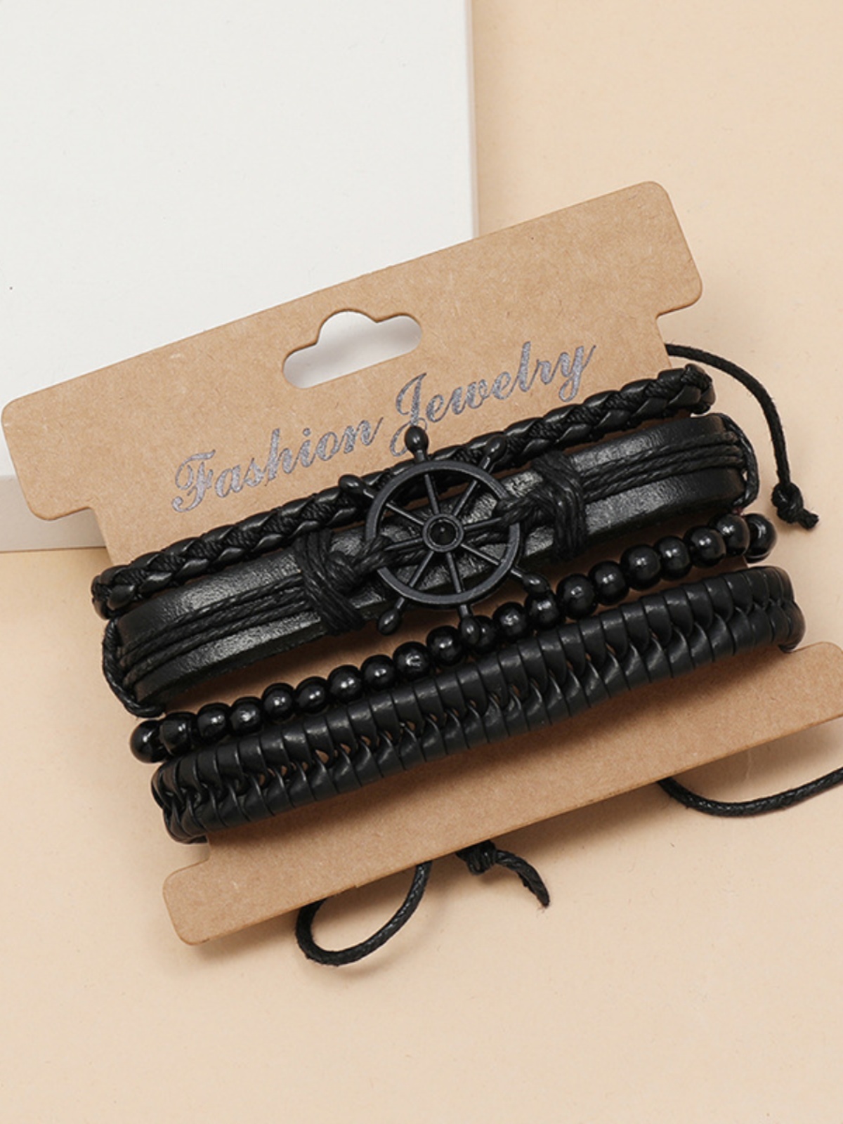 DIY Handmade Woven Black Leather Bracelet Set - Vintage Four-Piece Steering Wheel Accessories for European and American Style DIY Handmade Woven Black Leather Bracelet Set - Vintage Four-Piece Steering Wheel Accessories for European and American Style