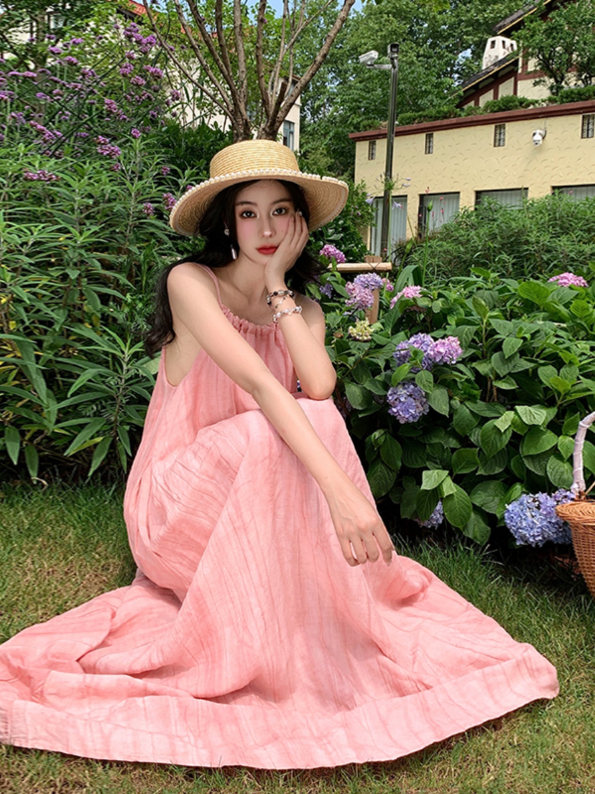 Dopamine Pink Pleated Strap Dress - Loose Beach Vacation Style, Summer Temperament, Effortless Chic for Sunny Days Dopamine Pink Pleated Strap Dress - Loose Beach Vacation Style, Summer Temperament, Effortless Chic for Sunny Days