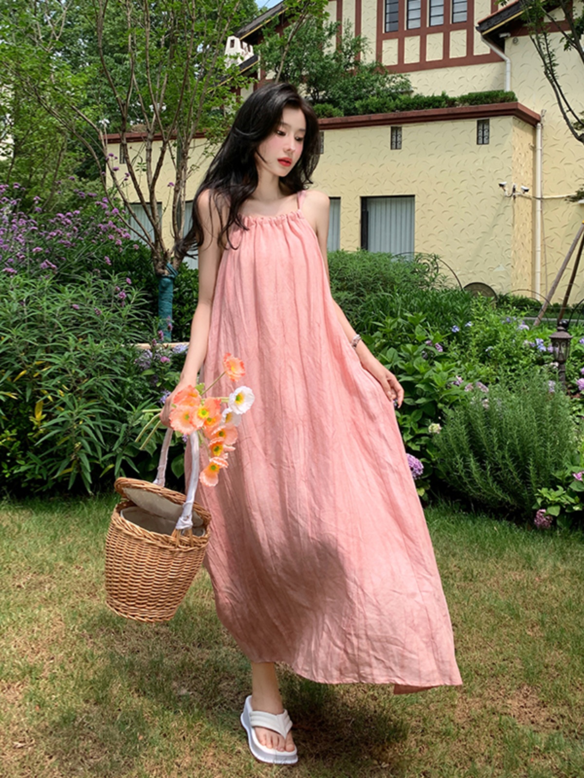 Dopamine Pink Pleated Strap Dress - Loose Beach Vacation Style, Summer Temperament, Effortless Chic for Sunny Days Dopamine Pink Pleated Strap Dress - Loose Beach Vacation Style, Summer Temperament, Effortless Chic for Sunny Days