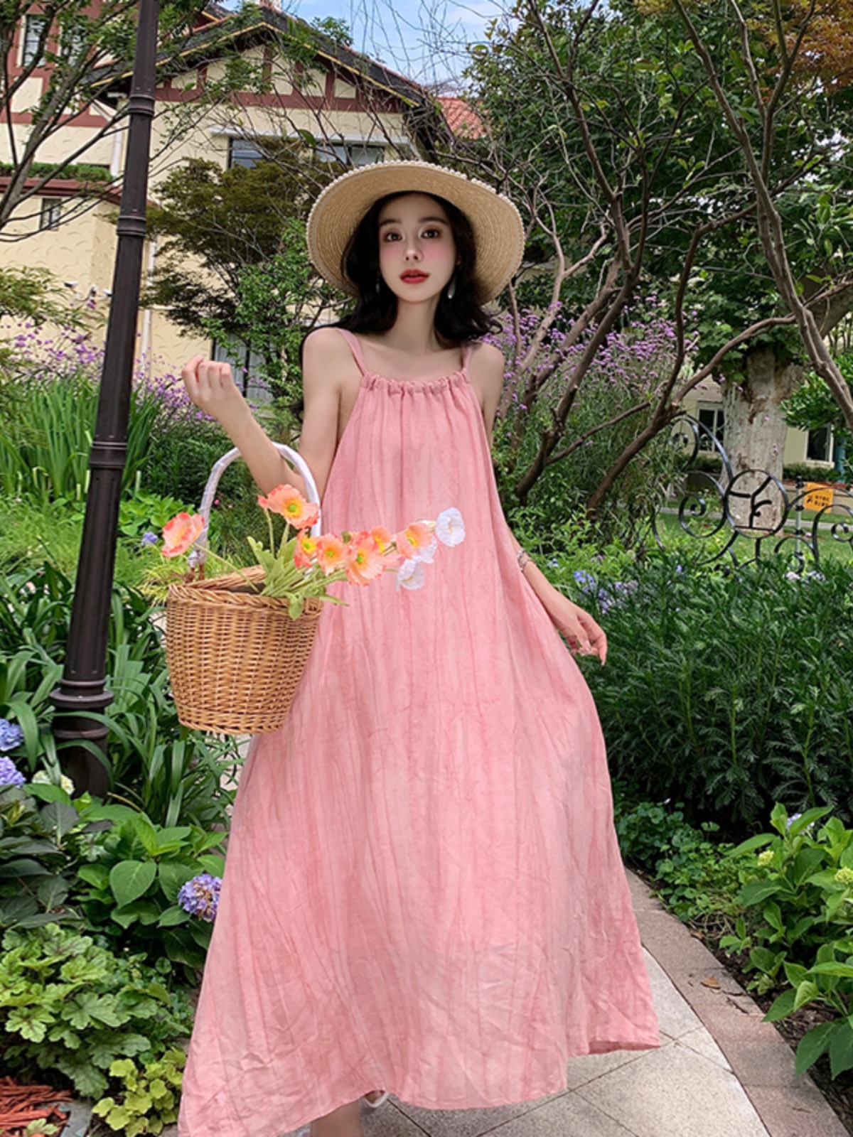 Dopamine Pink Pleated Strap Dress - Loose Beach Vacation Style, Summer Temperament, Effortless Chic for Sunny Days Dopamine Pink Pleated Strap Dress - Loose Beach Vacation Style, Summer Temperament, Effortless Chic for Sunny Days