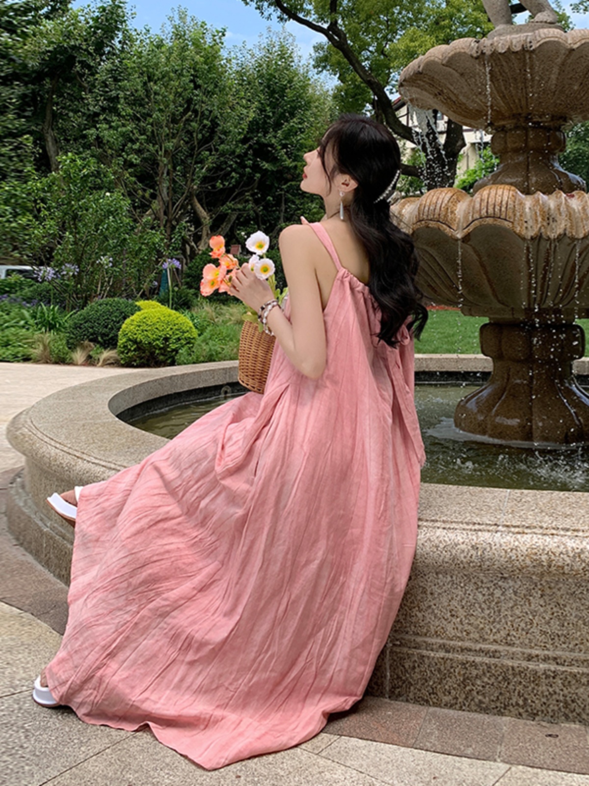 Dopamine Pink Pleated Strap Dress - Loose Beach Vacation Style, Summer Temperament, Effortless Chic for Sunny Days Dopamine Pink Pleated Strap Dress - Loose Beach Vacation Style, Summer Temperament, Effortless Chic for Sunny Days