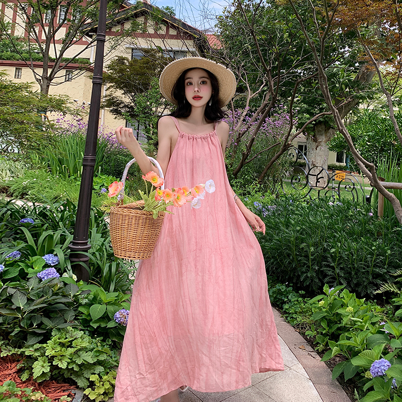 Dopamine Pink Pleated Strap Dress - Loose Beach Vacation Style, Summer Temperament, Effortless Chic for Sunny Days