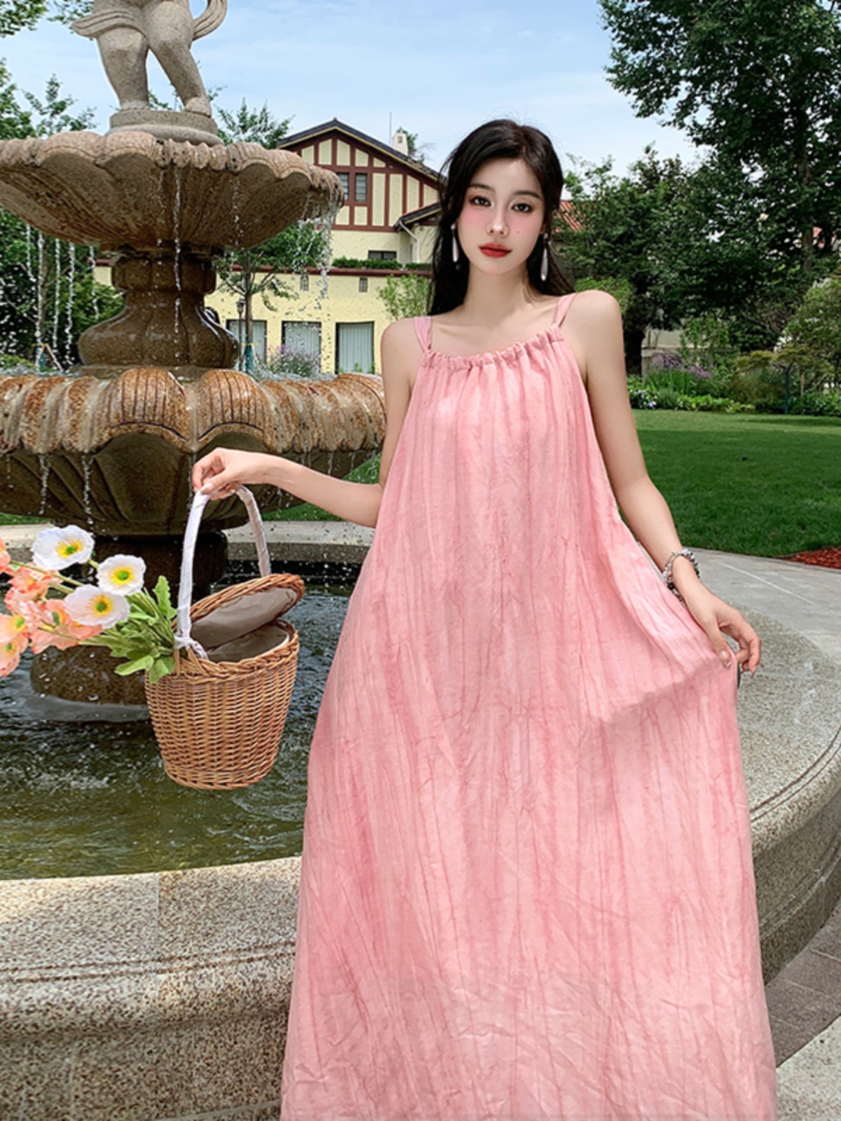 Dopamine Pink Pleated Strap Dress - Loose Beach Vacation Style, Summer Temperament, Effortless Chic for Sunny Days