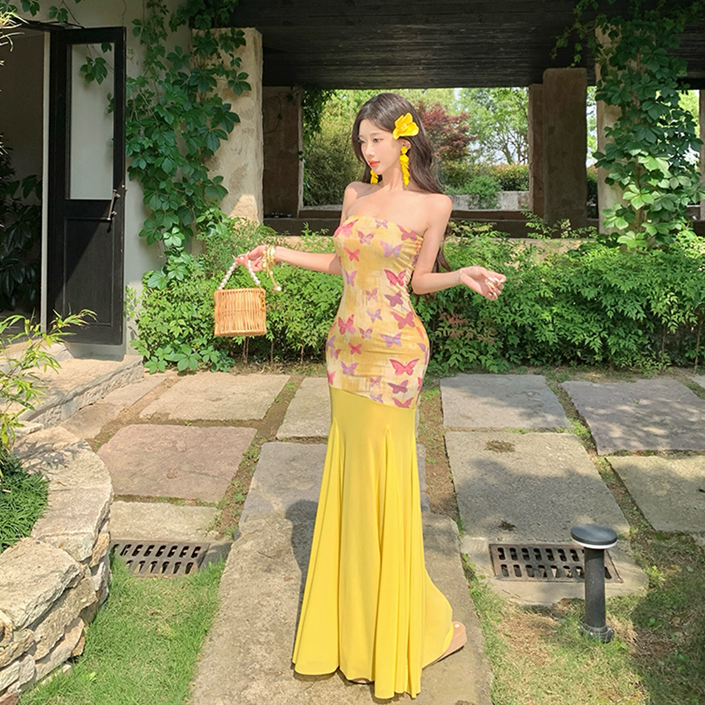 Dopamine Yellow One-Shoulder Bodycon Mermaid Dress for Women - Summer Waist-Cinching Slimming Beach Vacation Style