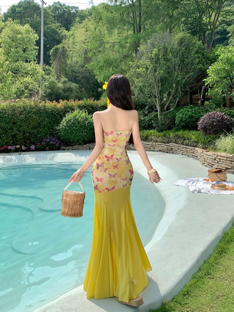 Dopamine Yellow One-Shoulder Bodycon Mermaid Dress for Women - Summer Waist-Cinching Slimming Beach Vacation Style Dopamine Yellow One-Shoulder Bodycon Mermaid Dress for Women - Summer Waist-Cinching Slimming Beach Vacation Style