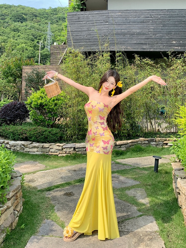 Dopamine Yellow One-Shoulder Bodycon Mermaid Dress for Women - Summer Waist-Cinching Slimming Beach Vacation Style Dopamine Yellow One-Shoulder Bodycon Mermaid Dress for Women - Summer Waist-Cinching Slimming Beach Vacation Style