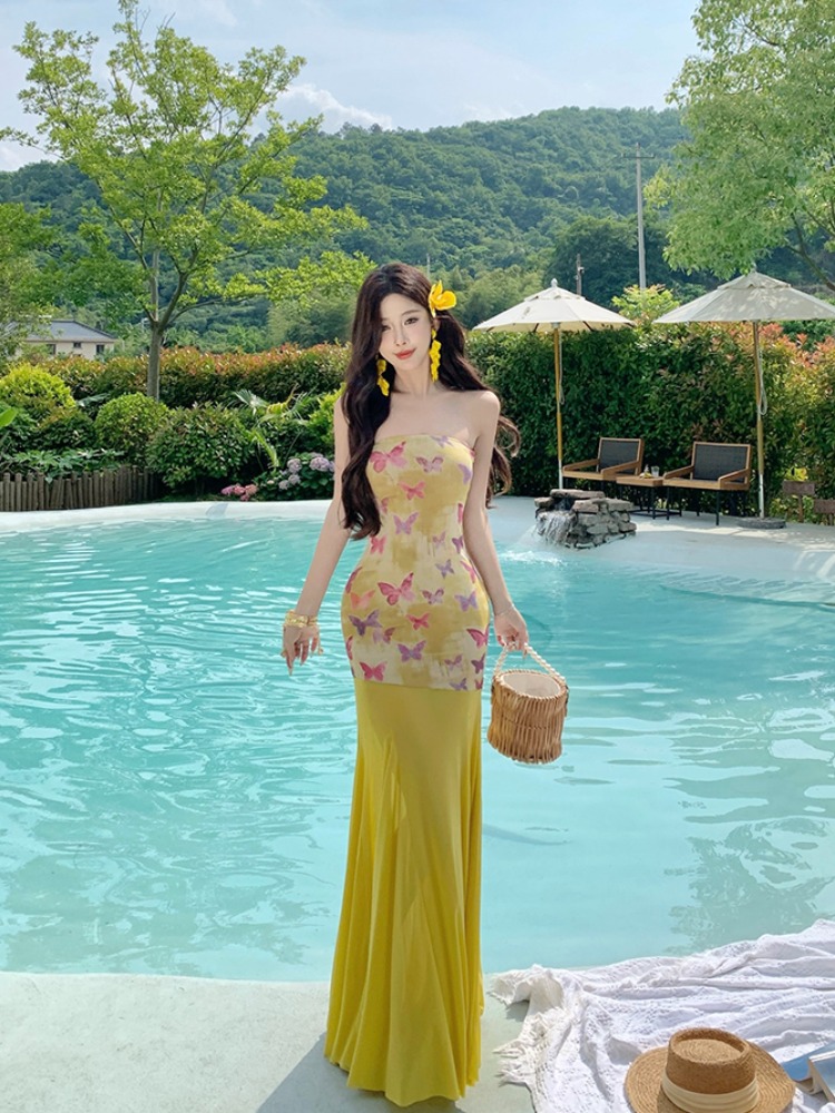 Dopamine Yellow One-Shoulder Bodycon Mermaid Dress for Women - Summer Waist-Cinching Slimming Beach Vacation Style Dopamine Yellow One-Shoulder Bodycon Mermaid Dress for Women - Summer Waist-Cinching Slimming Beach Vacation Style