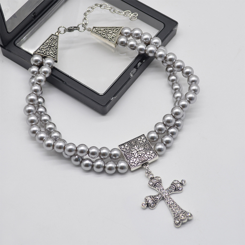 Double-Layer Cross Gray Pearl Choker Necklace - Trendy Minimalist Retro Neck Accessory for Light Luxury Style