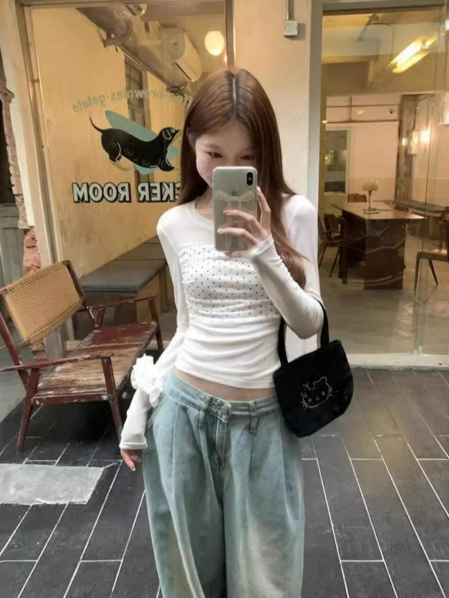 Double-Layer Mesh Long Sleeve Women's Summer Slim Fit Polka Dot Spliced T-Shirt - Trendy Versatile Top for a Chic Look Double-Layer Mesh Long Sleeve Women's Summer Slim Fit Polka Dot Spliced T-Shirt - Trendy Versatile Top for a Chic Look