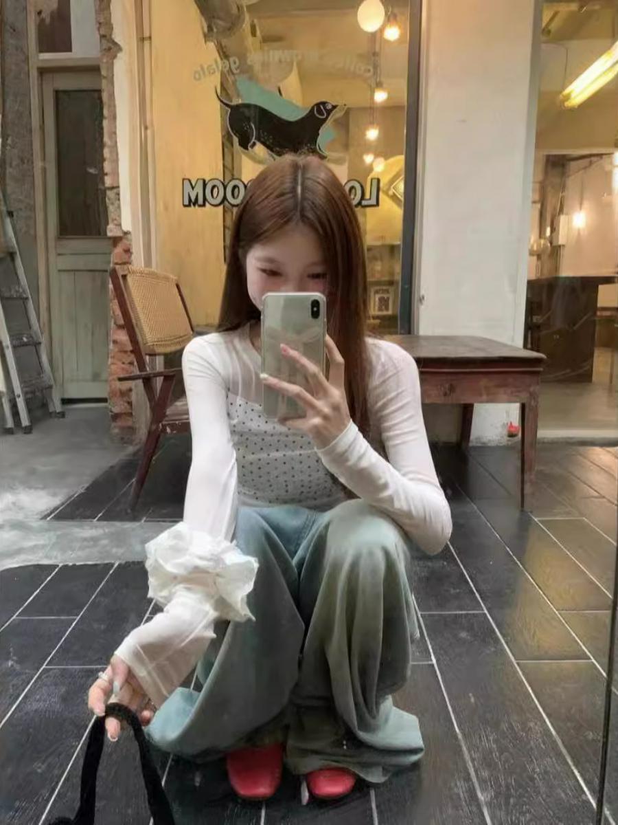 Double-Layer Mesh Long Sleeve Women's Summer Slim Fit Polka Dot Spliced T-Shirt - Trendy Versatile Top for a Chic Look Double-Layer Mesh Long Sleeve Women's Summer Slim Fit Polka Dot Spliced T-Shirt - Trendy Versatile Top for a Chic Look