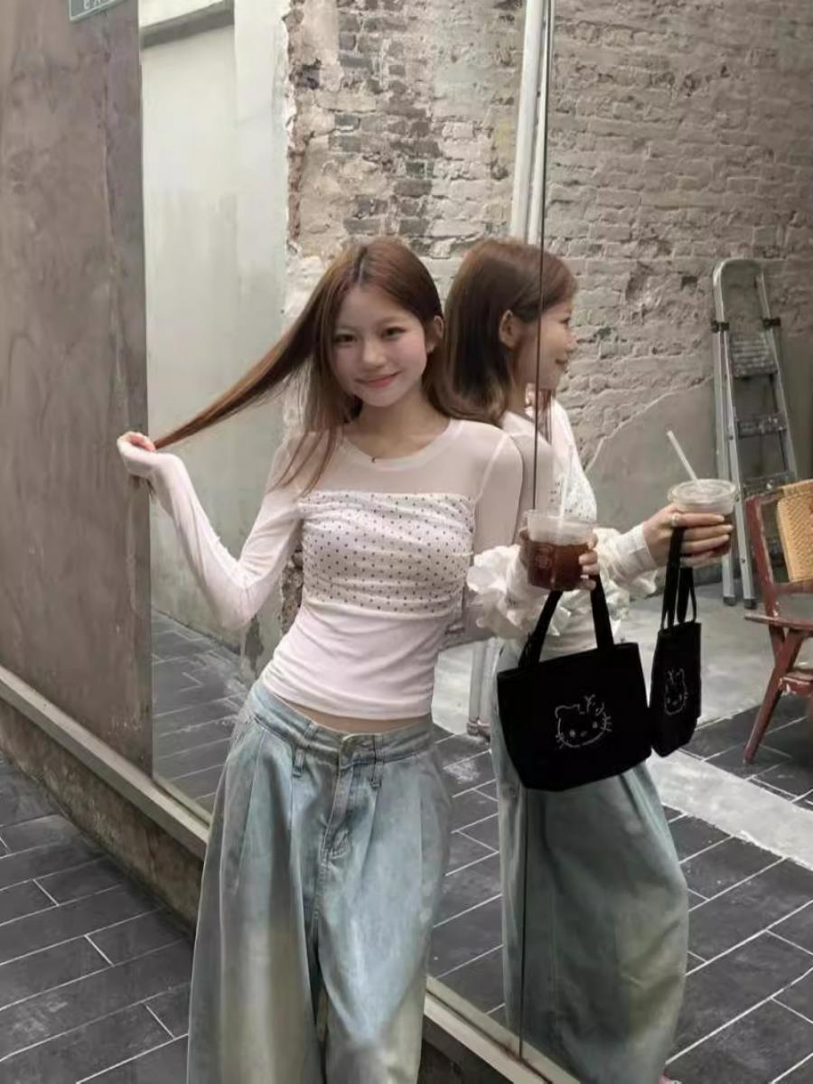 Double-Layer Mesh Long Sleeve Women's Summer Slim Fit Polka Dot Spliced T-Shirt - Trendy Versatile Top for a Chic Look Double-Layer Mesh Long Sleeve Women's Summer Slim Fit Polka Dot Spliced T-Shirt - Trendy Versatile Top for a Chic Look