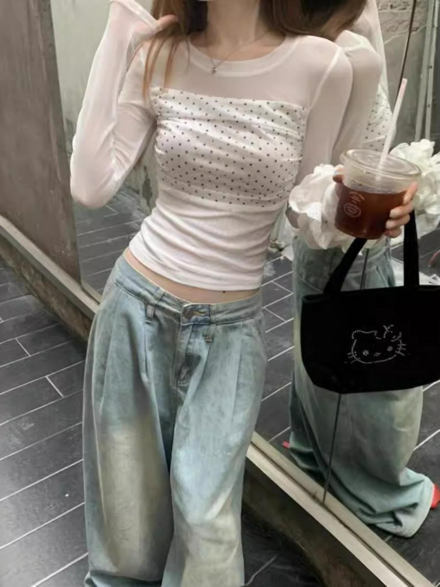 Double-Layer Mesh Long Sleeve Women's Summer Slim Fit Polka Dot Spliced T-Shirt - Trendy Versatile Top for a Chic Look Double-Layer Mesh Long Sleeve Women's Summer Slim Fit Polka Dot Spliced T-Shirt - Trendy Versatile Top for a Chic Look