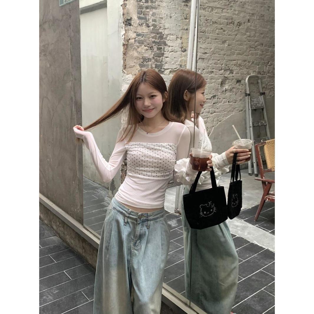 Double-Layer Mesh Long Sleeve Women's Summer Slim Fit Polka Dot Spliced T-Shirt - Trendy Versatile Top for a Chic Look