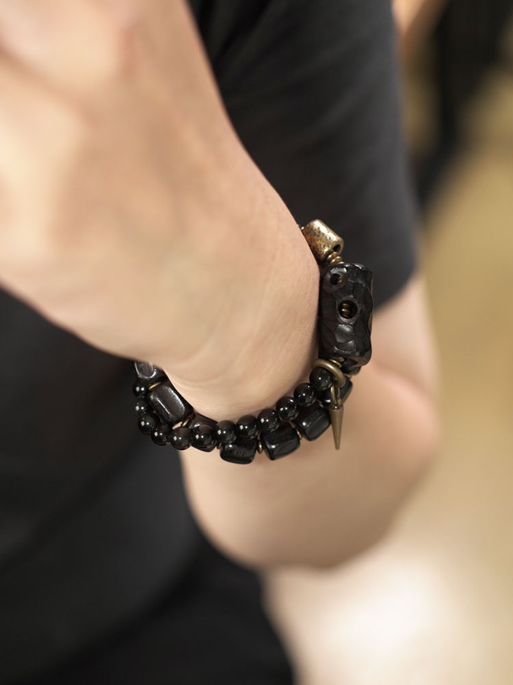 Double-Layer Mixed Design Bracelet for Men and Women - Sandalwood & Black Stone, Unique Personality Jewelry Double-Layer Mixed Design Bracelet for Men and Women - Sandalwood & Black Stone, Unique Personality Jewelry