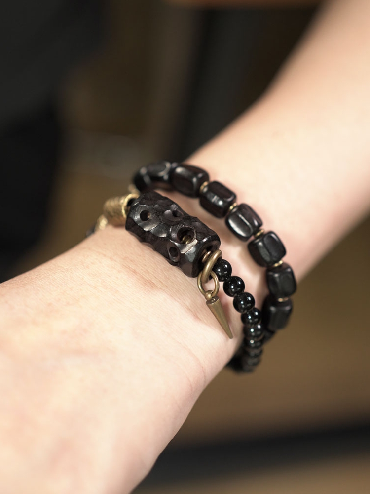 Double-Layer Mixed Design Bracelet for Men and Women - Sandalwood & Black Stone, Unique Personality Jewelry Double-Layer Mixed Design Bracelet for Men and Women - Sandalwood & Black Stone, Unique Personality Jewelry