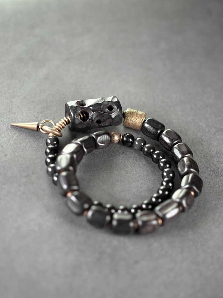 Double-Layer Mixed Design Bracelet for Men and Women - Sandalwood & Black Stone, Unique Personality Jewelry