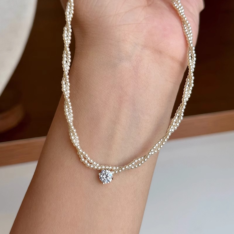 Double Layer Wrapped Zircon Pearl Necklace for Women - Light Luxury Clavicle Jewelry, Chic Commuter Style, Elegant Accessory