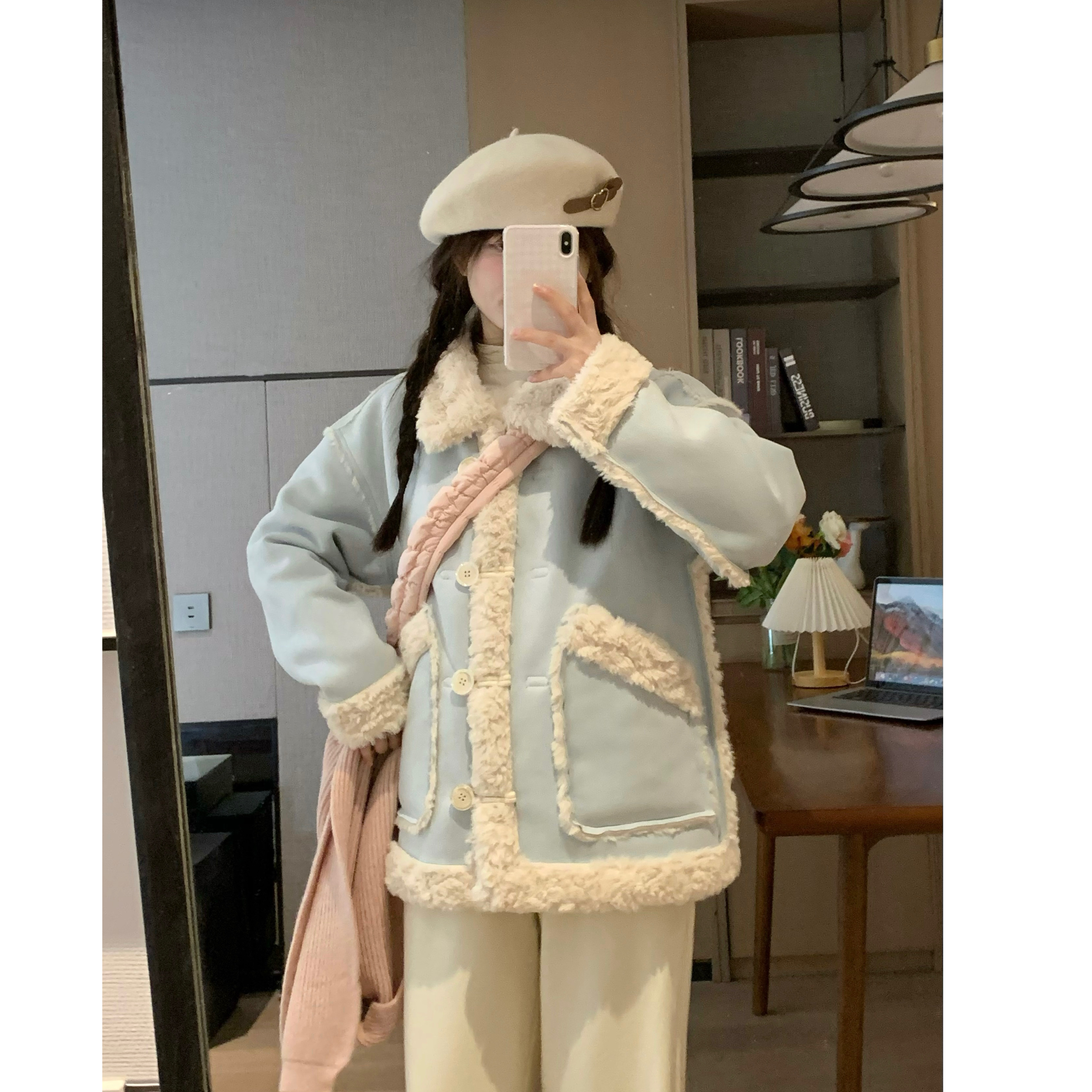 Double-Sided Suede Blue Shearling Warm Fur Coat for Women - Early Spring Fashion, Thick Layered Design, Cozy Outerwear