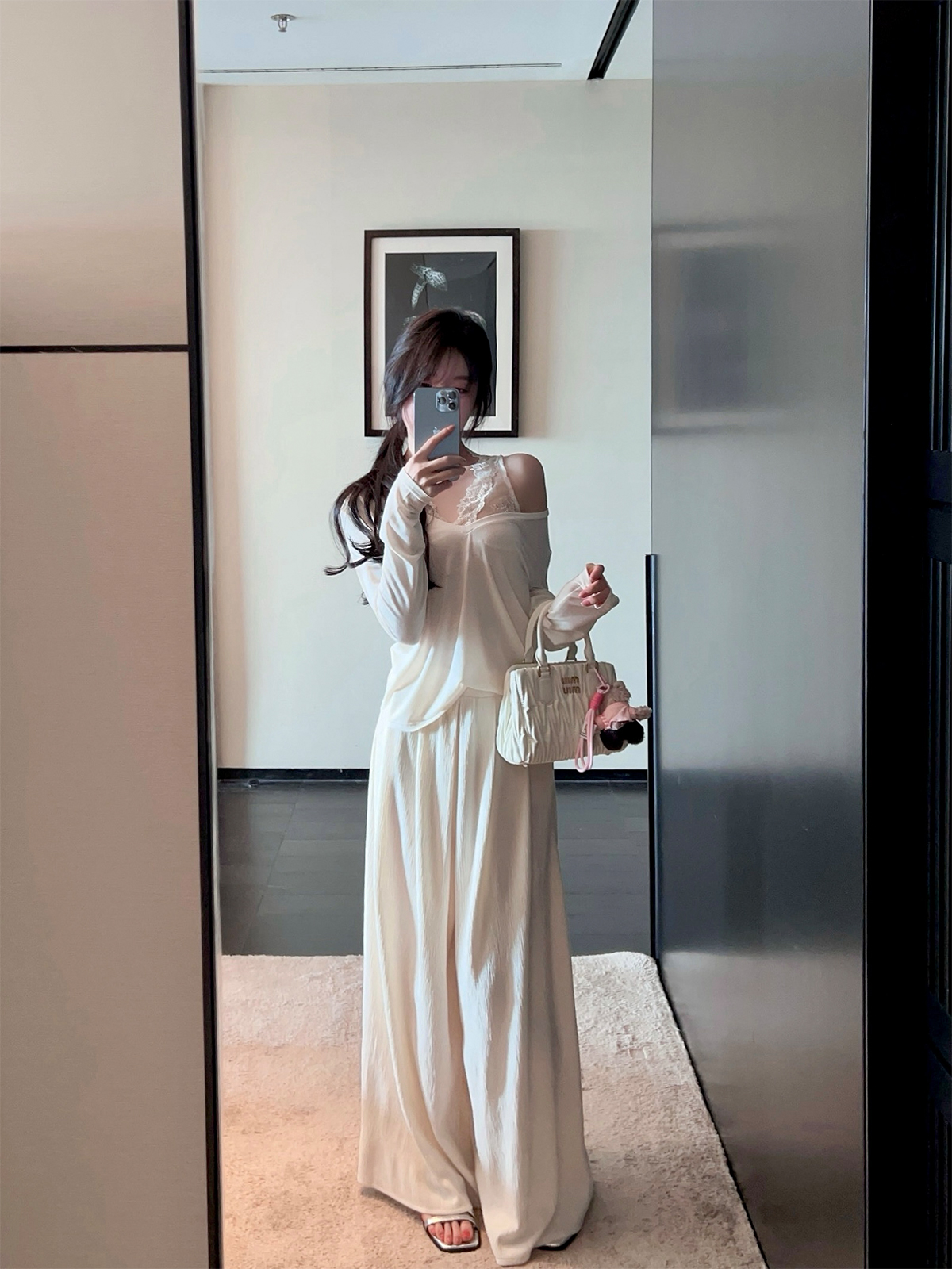 Draped Velvet White Wide-Leg Pants for Women - Slimming High-Waist, Floor-Length Casual Trousers - Spring 2025 Fashion Trend