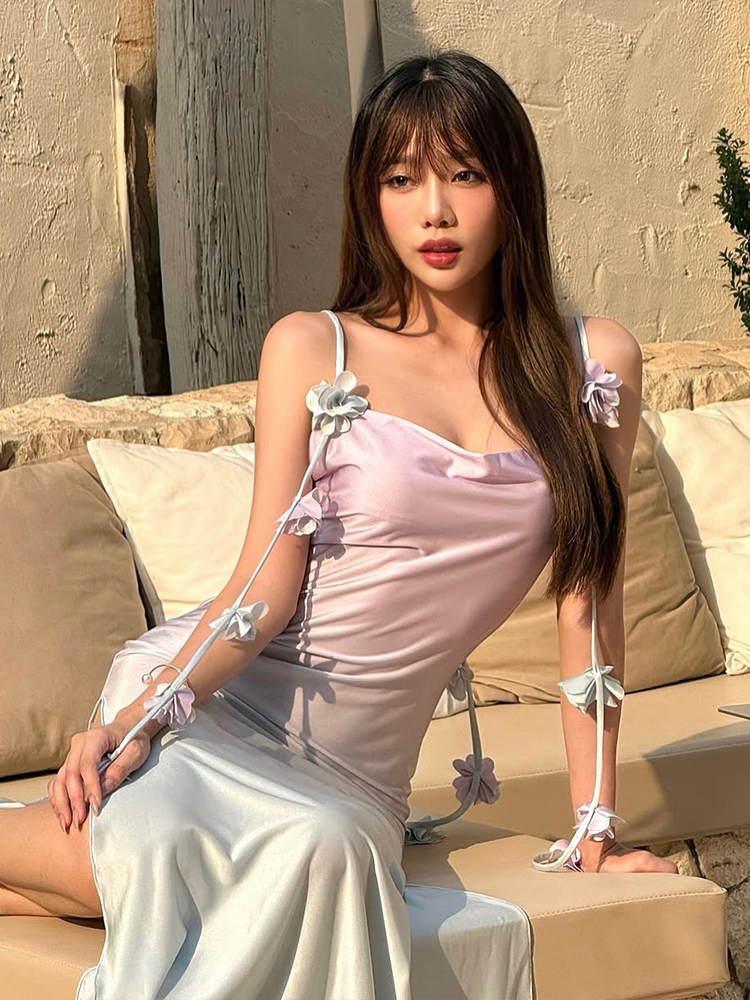 Dreamy Gradient Satin Maxi Slip Dress for Women with Floral Ribbons - Eccentric Beach Vacation Style, Perfect for Summer Events