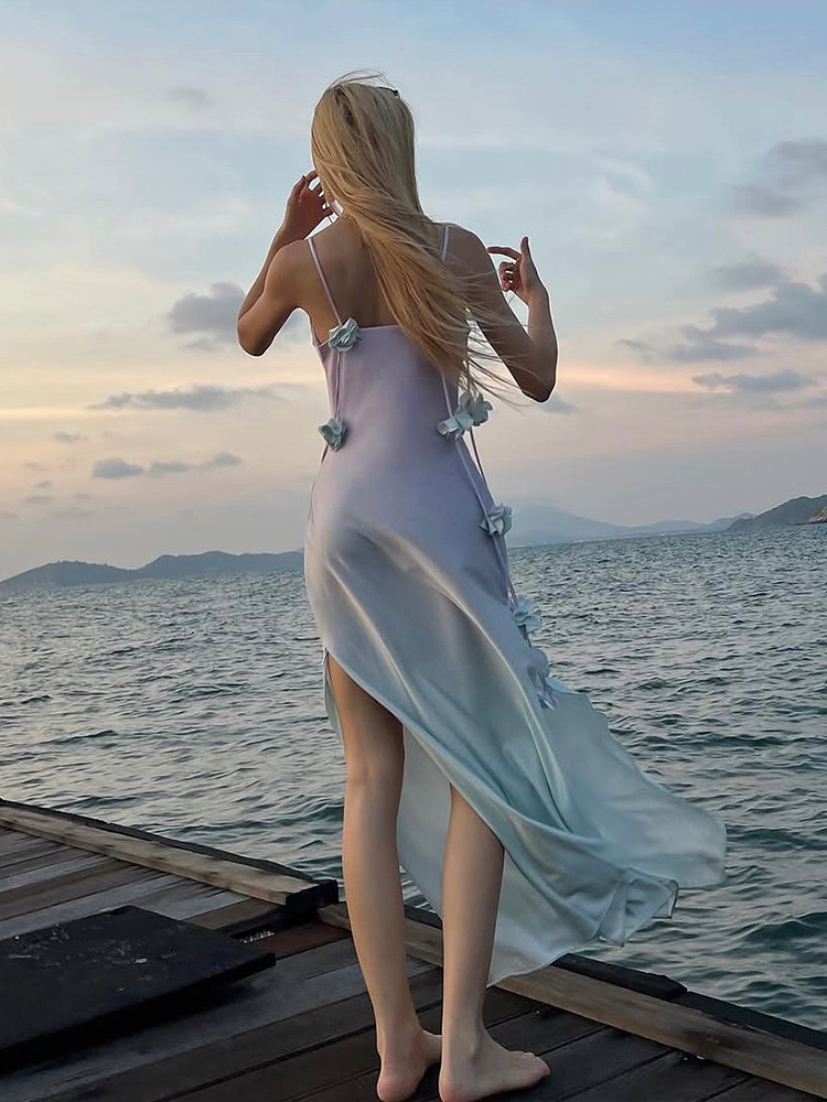 Dreamy Gradient Satin Maxi Slip Dress for Women with Floral Ribbons - Eccentric Beach Vacation Style, Perfect for Summer Events Dreamy Gradient Satin Maxi Slip Dress for Women with Floral Ribbons - Eccentric Beach Vacation Style, Perfect for Summer Events