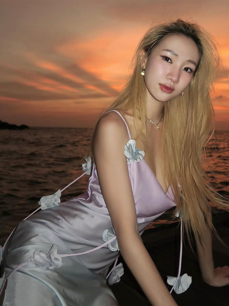 Dreamy Gradient Satin Maxi Slip Dress for Women with Floral Ribbons - Eccentric Beach Vacation Style, Perfect for Summer Events Dreamy Gradient Satin Maxi Slip Dress for Women with Floral Ribbons - Eccentric Beach Vacation Style, Perfect for Summer Events