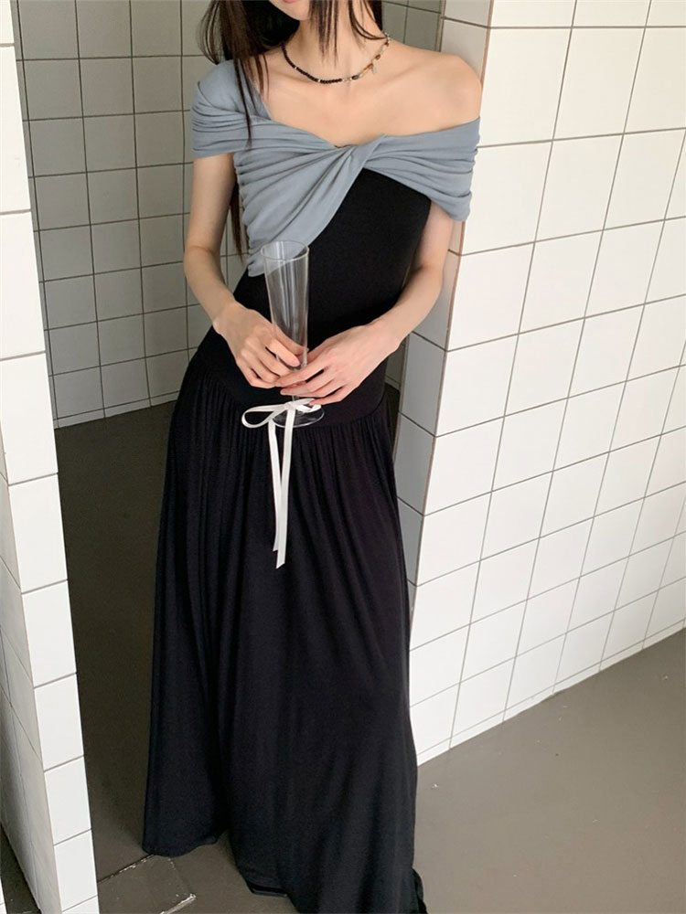 Eccentric French-Style Off-Shoulder Color-Blocking Dress - Slim Waist-Cinching Long Dress for Summer Hot Girl Trend Eccentric French-Style Off-Shoulder Color-Blocking Dress - Slim Waist-Cinching Long Dress for Summer Hot Girl Trend
