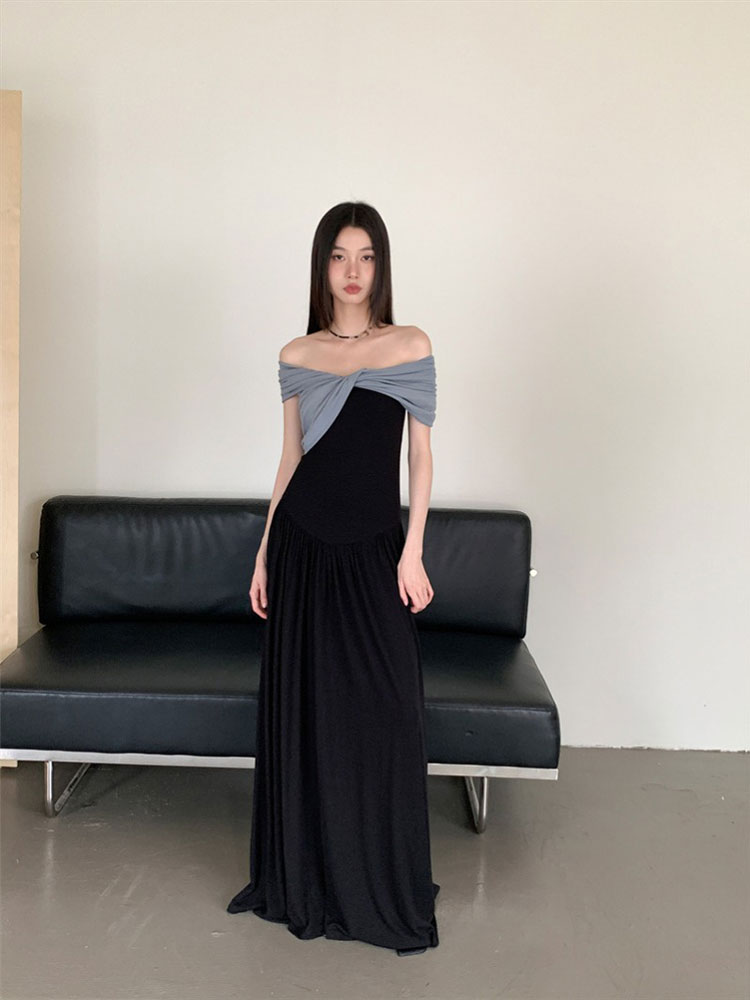 Eccentric French-Style Off-Shoulder Color-Blocking Dress - Slim Waist-Cinching Long Dress for Summer Hot Girl Trend Eccentric French-Style Off-Shoulder Color-Blocking Dress - Slim Waist-Cinching Long Dress for Summer Hot Girl Trend
