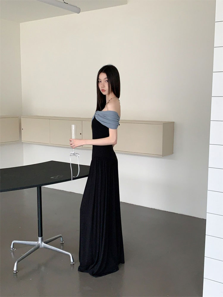 Eccentric French-Style Off-Shoulder Color-Blocking Dress - Slim Waist-Cinching Long Dress for Summer Hot Girl Trend Eccentric French-Style Off-Shoulder Color-Blocking Dress - Slim Waist-Cinching Long Dress for Summer Hot Girl Trend