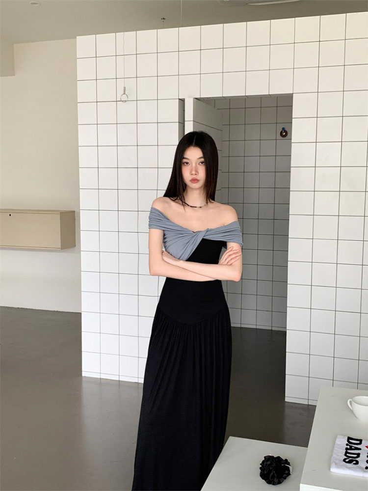 Eccentric French-Style Off-Shoulder Color-Blocking Dress - Slim Waist-Cinching Long Dress for Summer Hot Girl Trend Eccentric French-Style Off-Shoulder Color-Blocking Dress - Slim Waist-Cinching Long Dress for Summer Hot Girl Trend