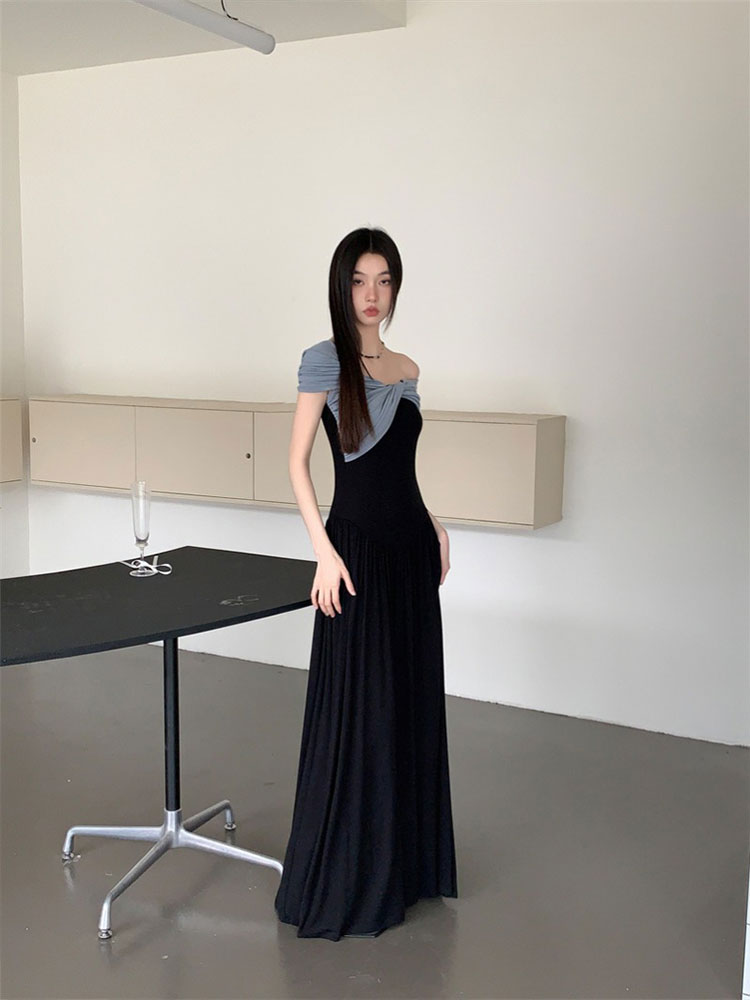 Eccentric French-Style Off-Shoulder Color-Blocking Dress - Slim Waist-Cinching Long Dress for Summer Hot Girl Trend Eccentric French-Style Off-Shoulder Color-Blocking Dress - Slim Waist-Cinching Long Dress for Summer Hot Girl Trend