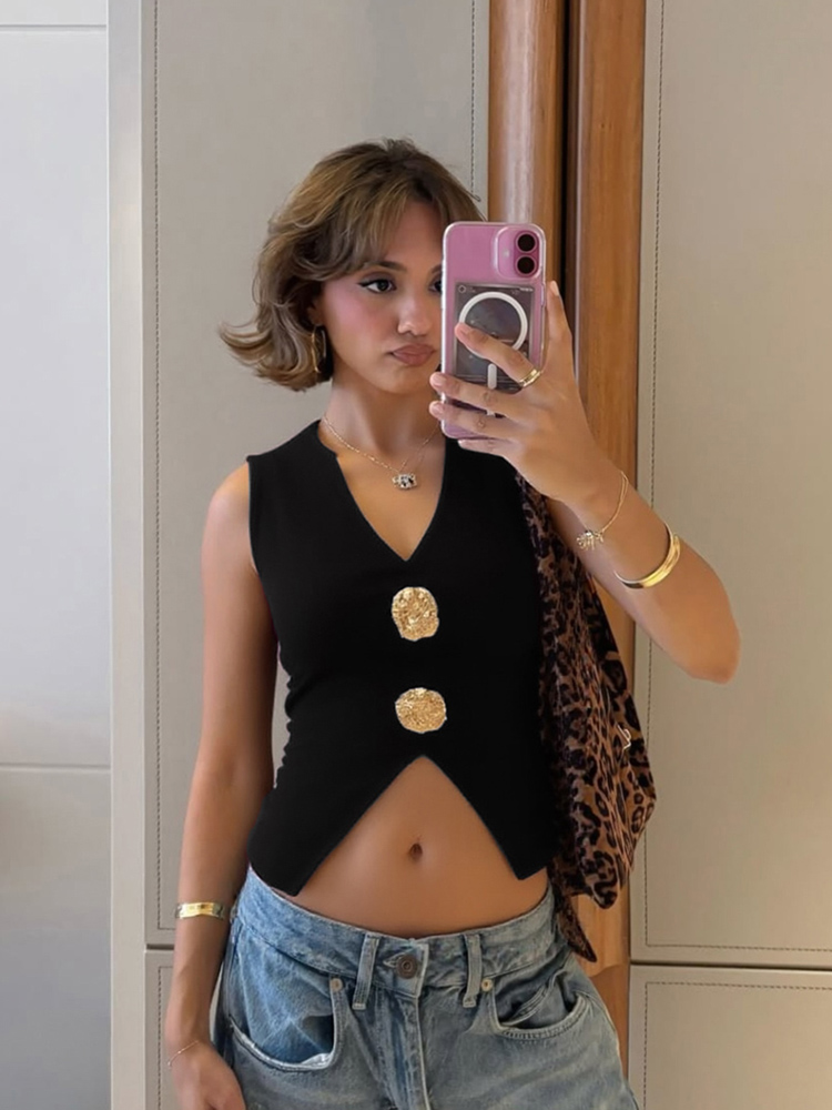 Eccentric Girl Black V-Neck Sleeveless Button Design Top for Women, Slim Fit Irregular Cropped Shirt, 90s Y2K Style